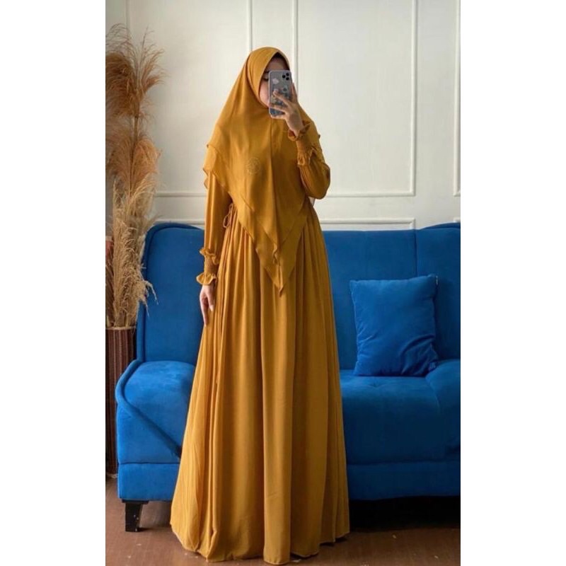 Gamis syari hasanah bahan ceruty baby doll premium full furing / busui / resleting-Kuning mustard