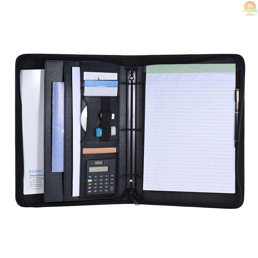 Multifunctional Professional Business Portfolio Padfolio Folder Document Case Organizer A4 PU Leather Zippered Closure Loose-leaf Loop with Calculator Business Card Holder Memo Note Pad