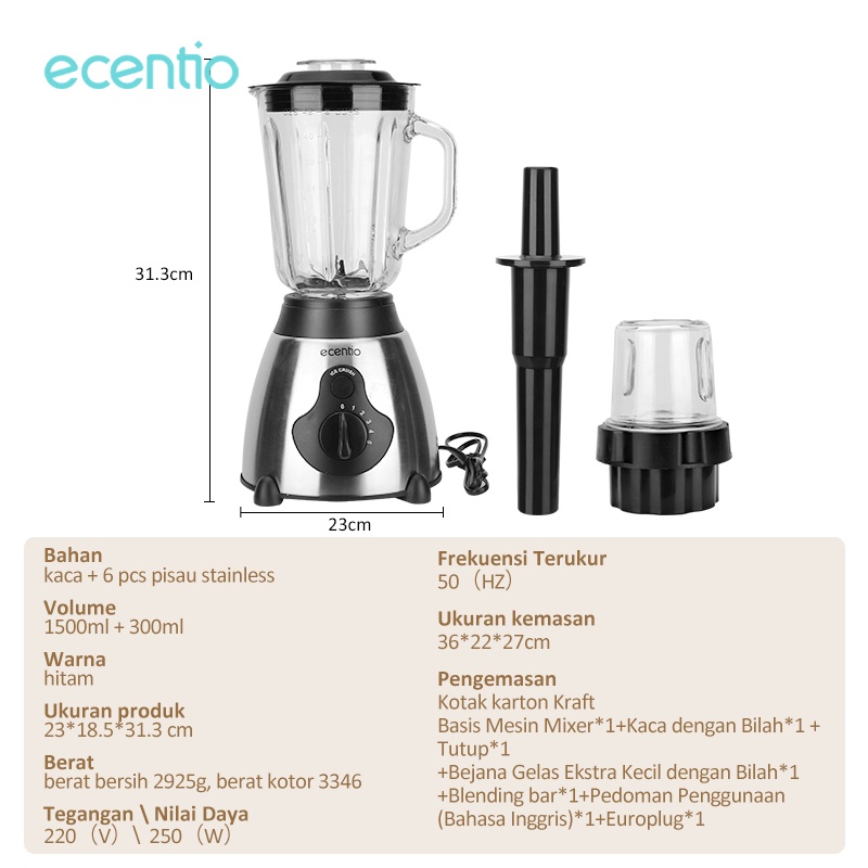 ecentio Blender 1.8L Stainless Gelas Kaca Tebal Rakii - Blender kaca 3 in 1 Stainless High Speed - Blender Import 6 pisau Multifungsi juicer elektrik cangkir 1500ml+300ml