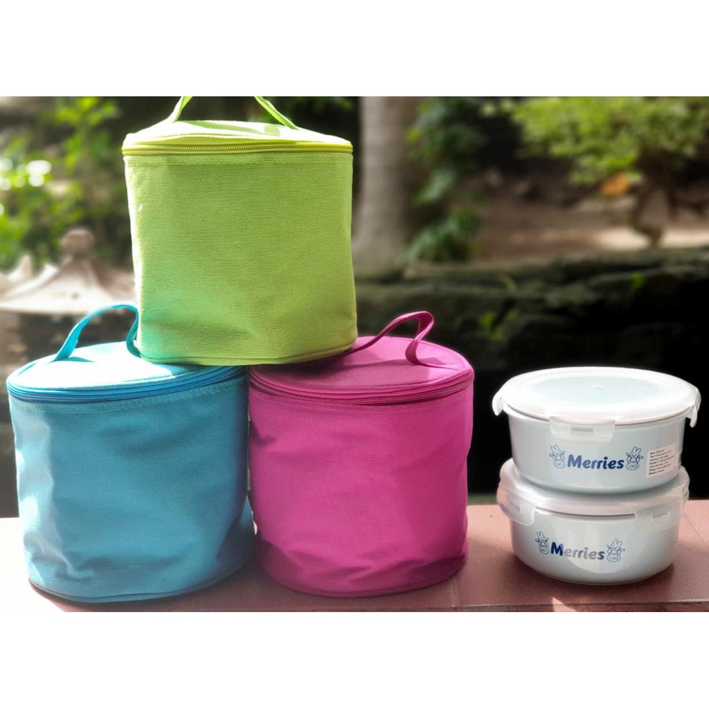 MERRIES Lunch Ceramic Jar with Insulated Bag Thermal  2 Set _ Tempat Tepak Makan