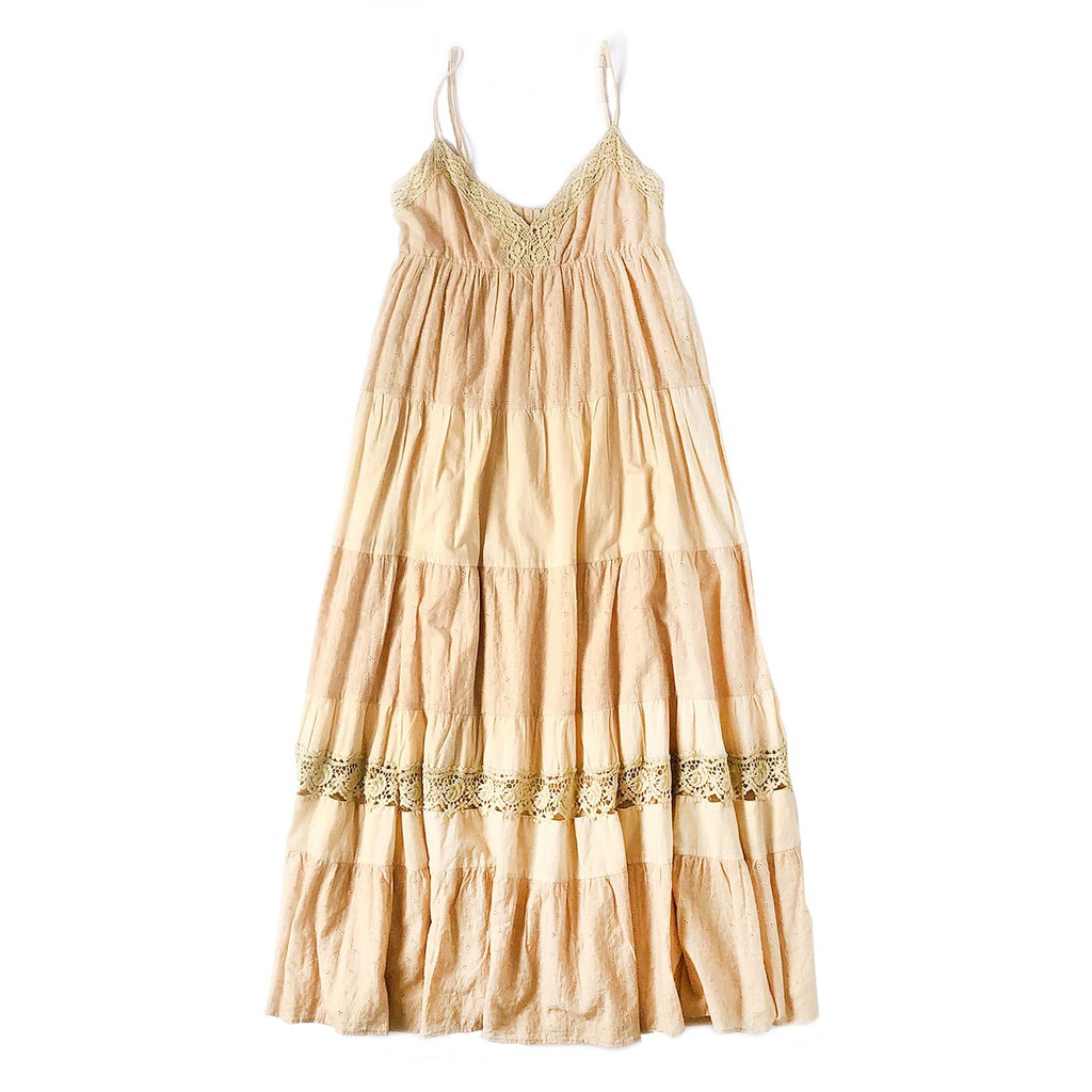 Dress Maxi Gamis Katun Brokat Bordir Krem Korea Import