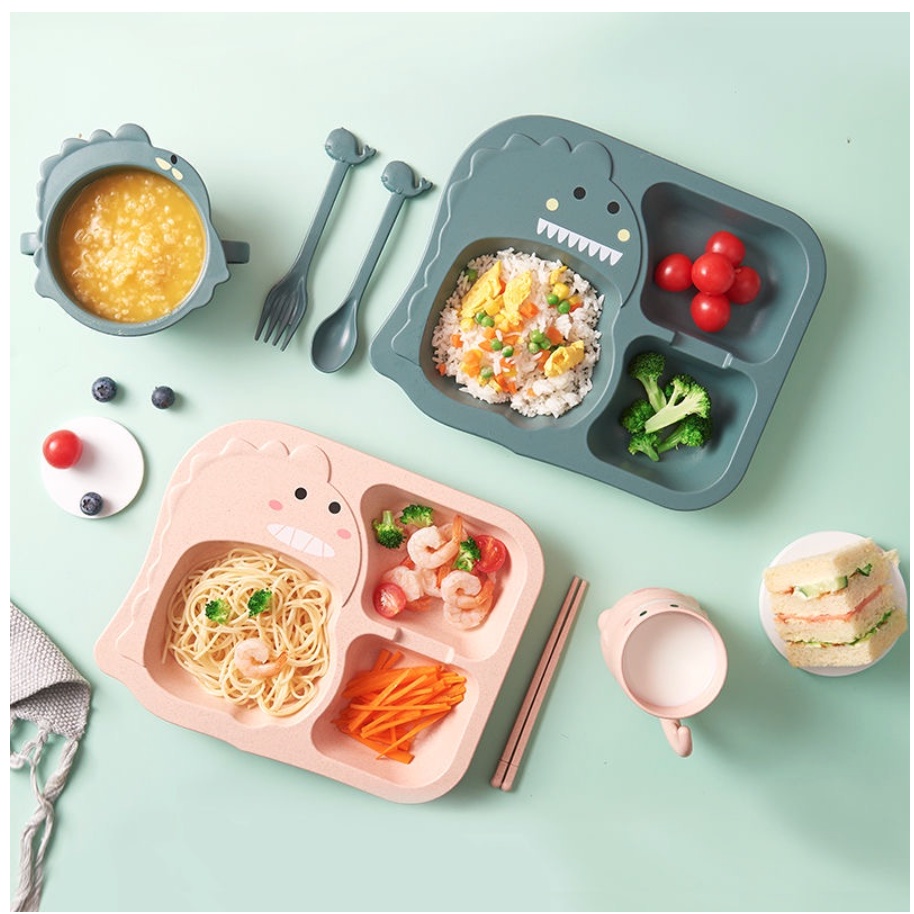 Peralatan Makan Set 6 in 1 Sendok Dan Garpu Desain Dinosaurus Untuk Anak / Set Piring Makan Anak