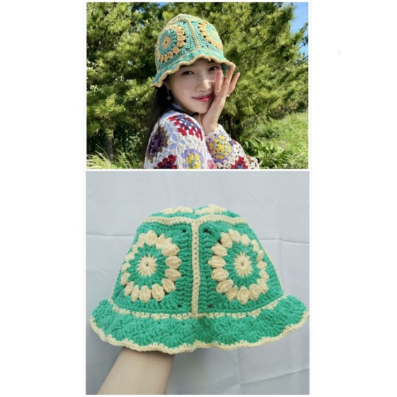 Topi JOY Vintage Granny Square Crochet Rajut Knit Bucket Hat 100% Handmade Bisa Request Warna