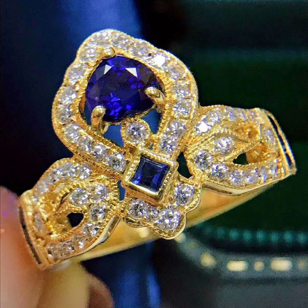 Goldkingdom Fashion Perhiasan Emas Asli Kadar 375 Bangkok Aksesoris Ready Stock Bertatahkan Safir Berlapis Emas Mahkota Cincin Pertunangan Adjustable Ring Wanita