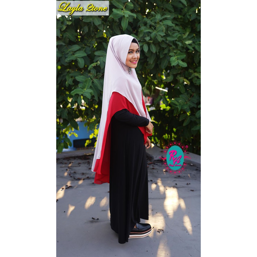 Jilbab Kerudung Hijab Khimar Ceruty Ceruti Ped Pet Pad Antem Pink Layla Two Tone by Rizky Ananda