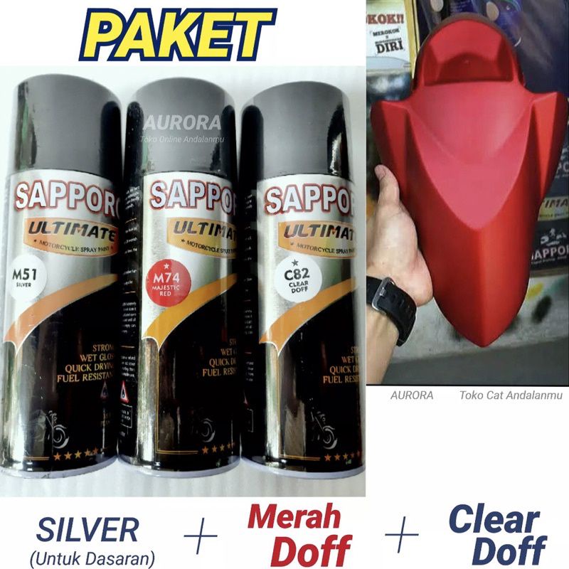 Paket Cat Pilok Sapporo M51 Silver + M74 Majestic Red Merah Doff + C82 Clear Doff Dop 400ml Saporo