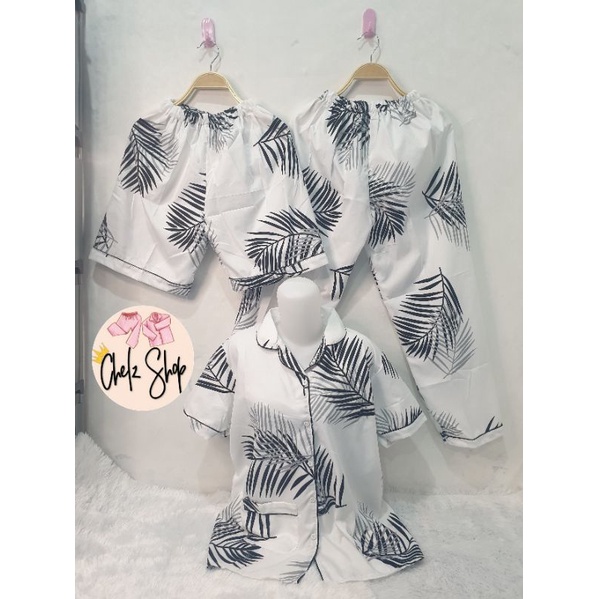 Baju Tidur Wanita/Piyama Wanita Dewasa Katun Motif Daun Part 3-3in1 BIG COCO WHITE