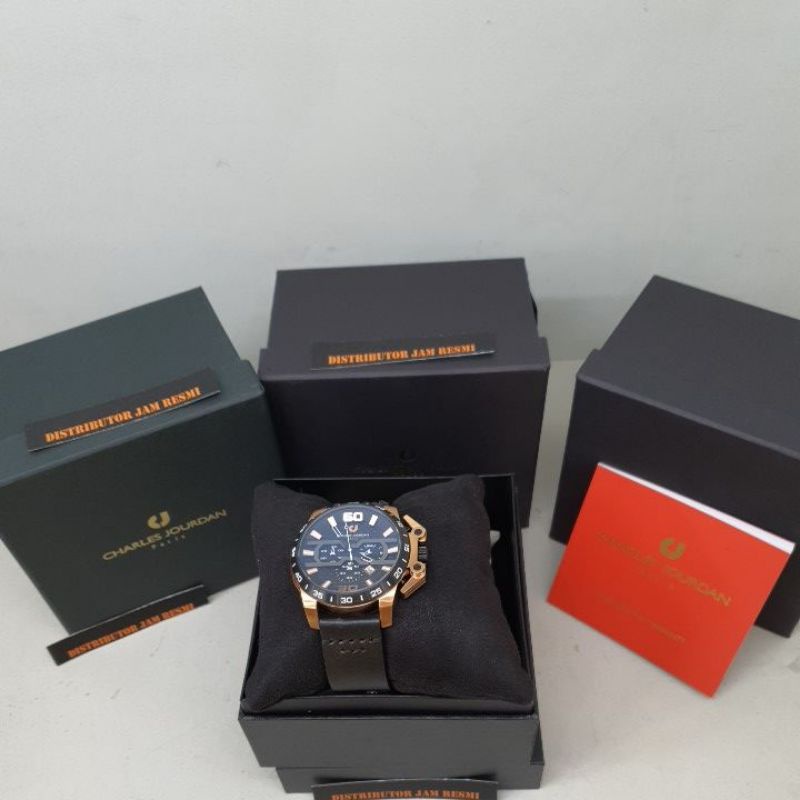 Jam Tangan Pria Charles Jourdan CJ1044-1535C Black Rose Gold Dial Black Leather Black Cronograph