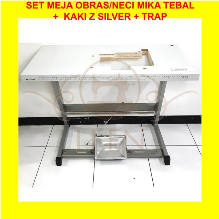 SET Meja MIKA PUTIH TEBAL + Kaki Z SILVER Mesin Jahit Obras Neci LEEN