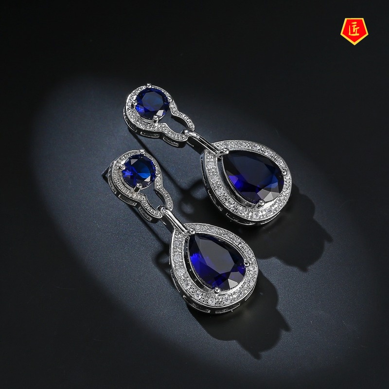 [Ready Stock]Dark Blue Sapphire Pendant Refined Rhinestone Stud Earrings