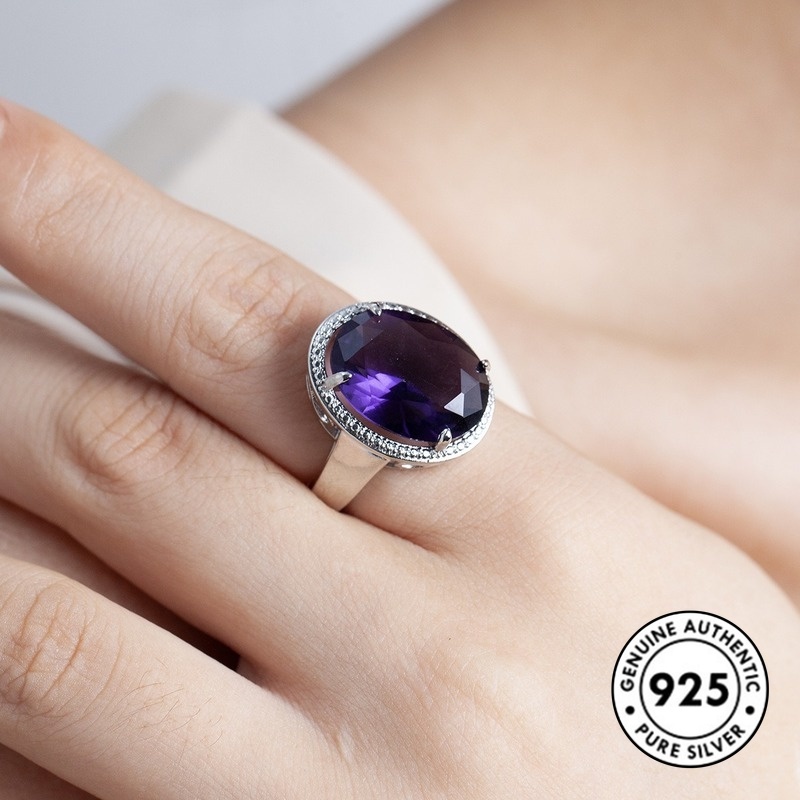 Cincin Silver S925 Hias Batu Permata Amethyst Besar Elegan Untuk Wanita