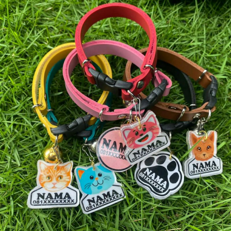 KALUNG KUCING NAMA CUSTOM, KULIT SINTETIS (FREE CUSTOM NAMA) bahan PVC DAN AKRILIK