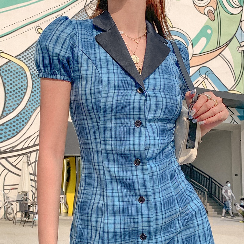 #Sisjuly# wind retro peacock blue plaid suit dress pinggang kancing kerah