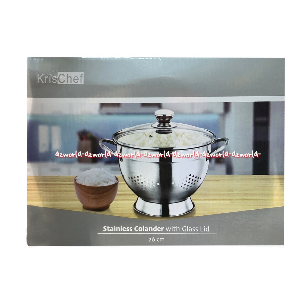 Krischeff Stainless Colander With Glass Lid 26cm Wadah Tempat Nasi