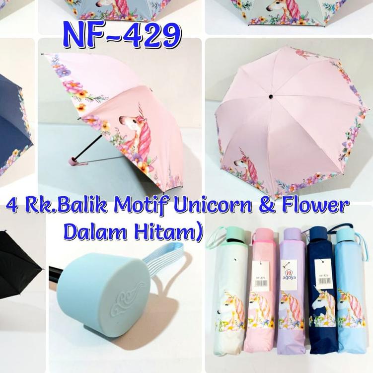 ۞ Payung Lipat 4 Nagoya NF 429 Motif Unicorn & Flower Dalam Hitam ♕