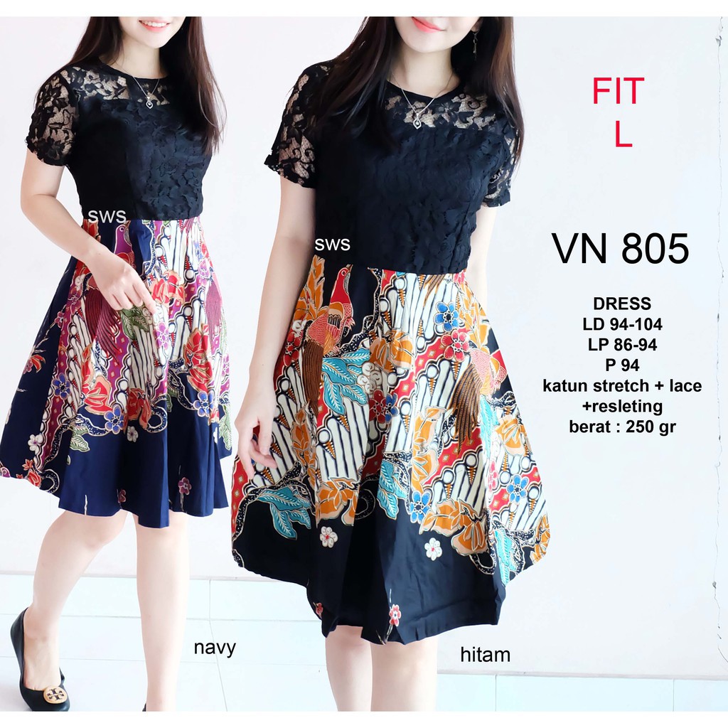 FKVN805 - dress batik modern wanita dress kantor etnik flare lace midi batik bigsize jumbo