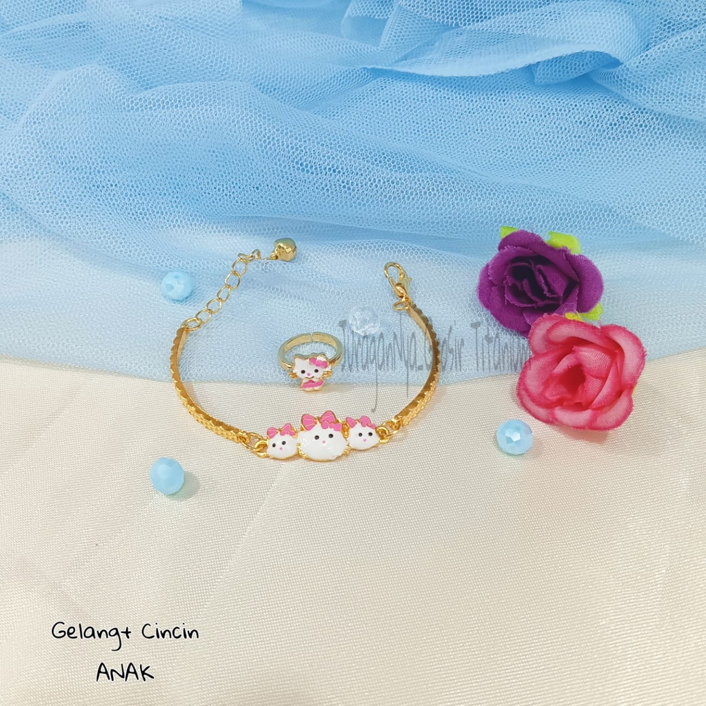 GELANG+CINCIN ANAK HELLO KITTY TITANIUM RANTAI MEWAH ANTI KARAT&amp;ANTI LUNTUR