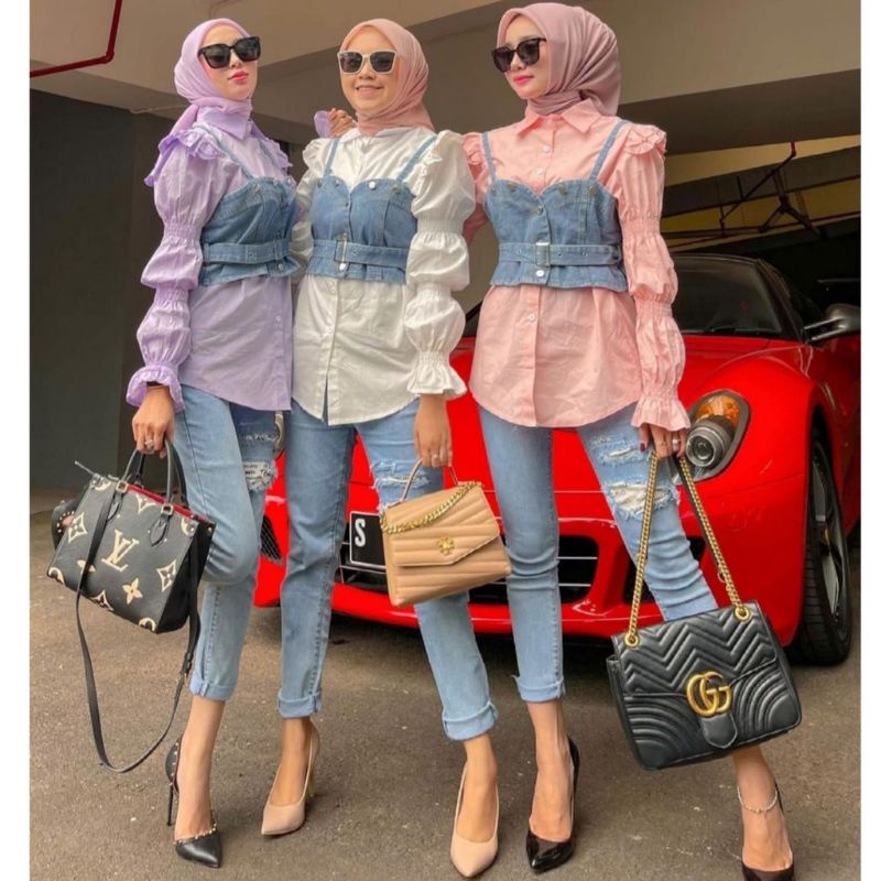 MDLV ~ 3131 Aldacia Jeans Set Kemeja + Vest Jeans Set Kemeja Blouse &amp; Rompi Jeans Set Premium Set Atasan import Fashion Import