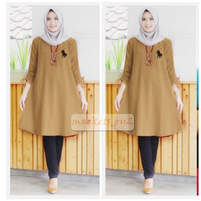 Jelio Long Jumbo Tunik Tunic Atasan Kombinasi Catton Rayon  Moela Berl WO535 [Tunik Polo Moca Sl]Tun