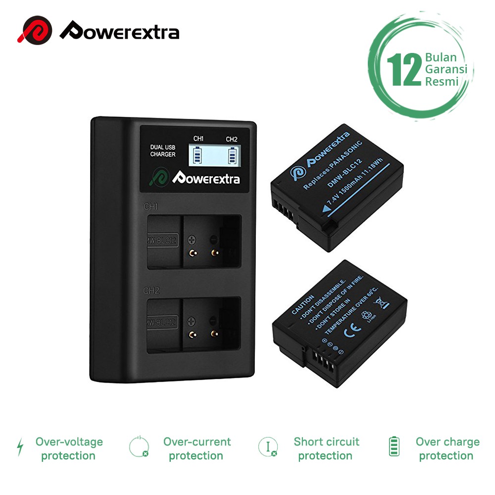 Baterai Powerextra for Panasonic DMW-BLC12 2-Pack Dual Charger LCD Kit