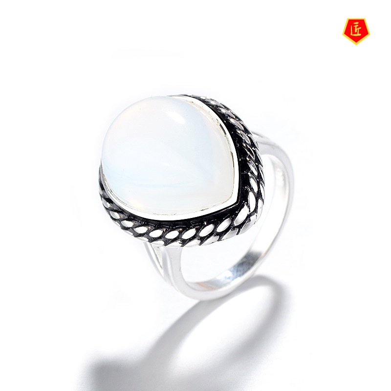 [Ready Stock]Temperament Drop-Shaped Moonstone Ring Exaggerated Punk Style