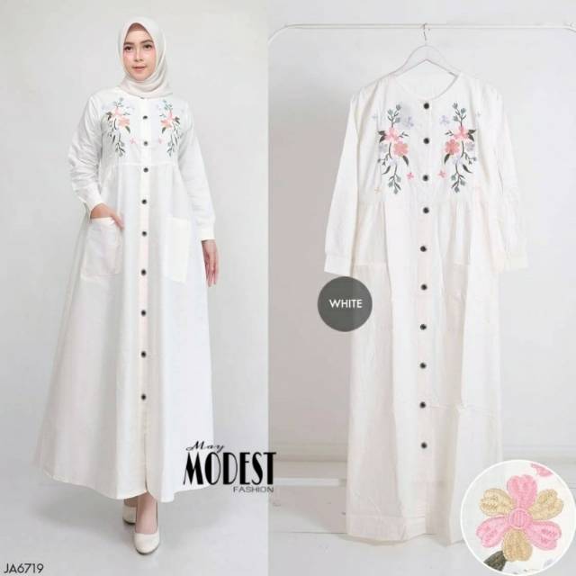 Fashion Muslim Wanita Gamis Syari Bordir Bunga Putih | Dress Muslim |Baju Muslim Wanita |Gamis Busui