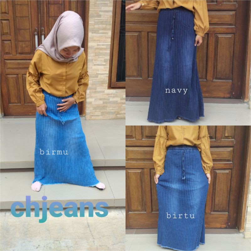 rok plisket jeans wanita allsize  / rok wanita plisket