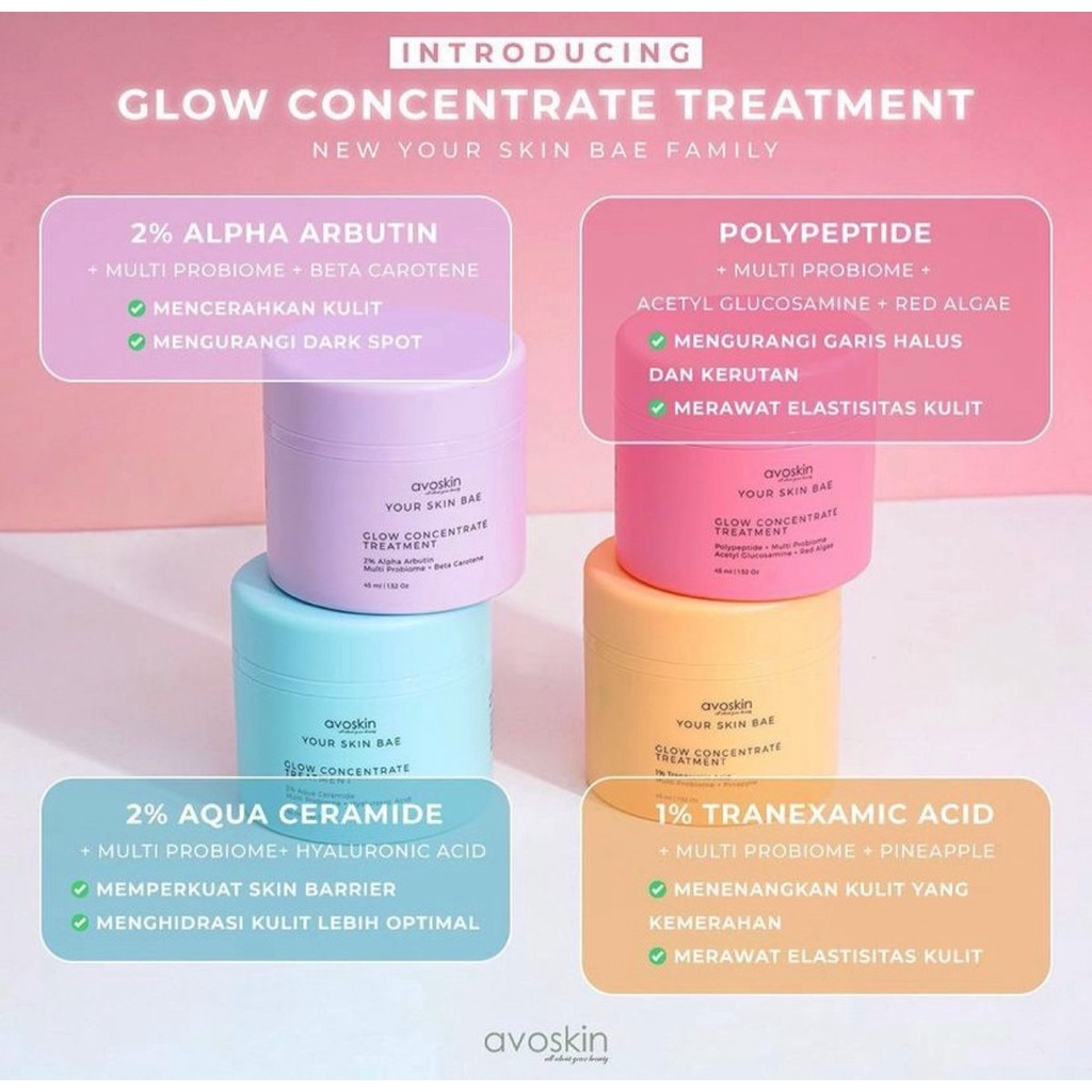 [SHARE IN JAR] AVOSKIN Your Skin Bae Glow Concentrate Treatment 2% Alpha Arbutin + Multi Probiome 2% Aqua Ceramide + Multi Probiome + Hyaluronic Acid 1% Tranexamic Acid + Multi Probiome + Pineapple Polypeptide + Multi Probiome + Acetyl Glucosamine