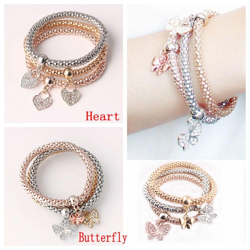 Solighter 3Pcs/set Multilayer Charm Gelang Fashion Susun Chic Liontin Kupu-Kupu/Hati