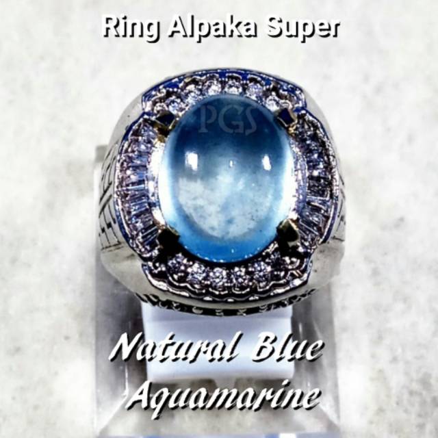 CINCIN BATU AKIK PERMATA NATURAL BLUE AQUAMARINE BERLY RING ALPAKA SUPER GLAMOUR