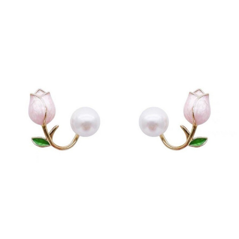 Anting Bentuk Bunga Tulip Aksen Mutiara Warna Pink Gaya Vintage