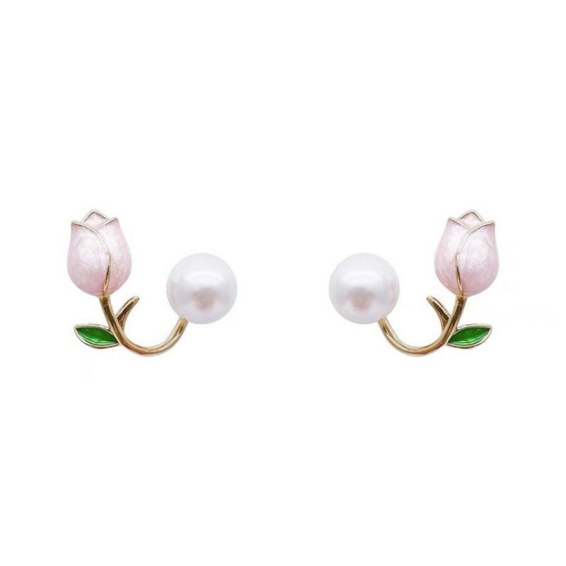 Anting Bentuk Bunga Tulip Aksen Mutiara Warna Pink Gaya Vintage