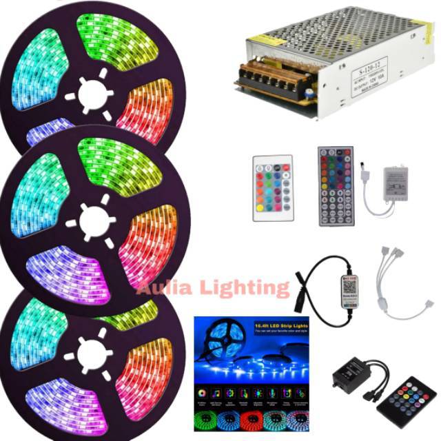 Paket Lampu Led Strip Rgb 3528 5050 15m POWER SUPPLY 15 meter Controller Remote 44 Bluetooth Music