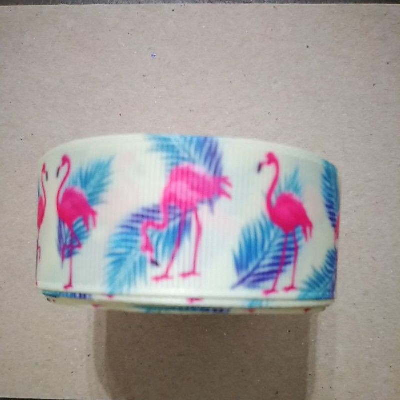 Pita grosgrain motif flamingo cactus kupu 4 cm per meter