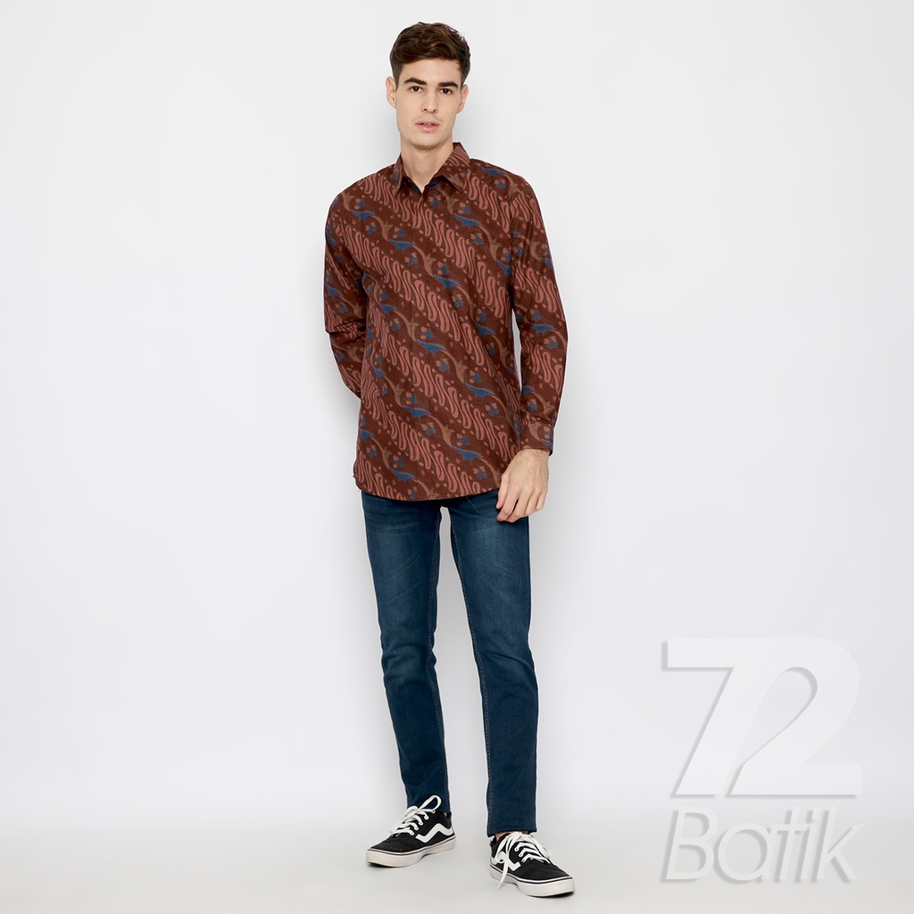 BATIK PRIA LENGAN PANJANG Kemeja Hem Slimfit Premium Motif Parang Warna Coklat 721021 CAP 72 - Baju Kemeja Atasan Pakaian Setelan Batik Pria Cowok Laki Laki Remaja Keluarga Kantor Lengan Panjang Modern Slimfit Slim Fit Premium Kekinian