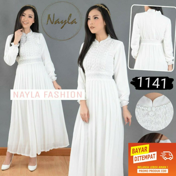 Pesta NAYLA Baju Lebaran Gamis Gamis Wanita 1141 Putih Plisket Umroh B