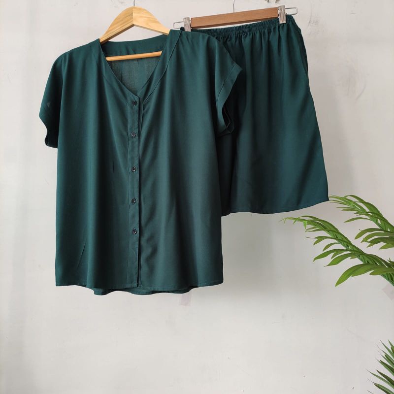 PIYAMA KANCING PENDEK | PIYAMA RAYON | BAJU TIDUR RAYON-VN HIJAU BOTOL