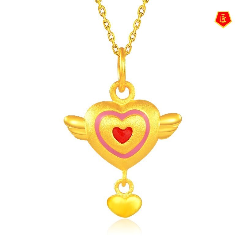 [Ready Stock]3D Golden Angel Wings Heart-Shaped Pendant Lucky Beads Pendant