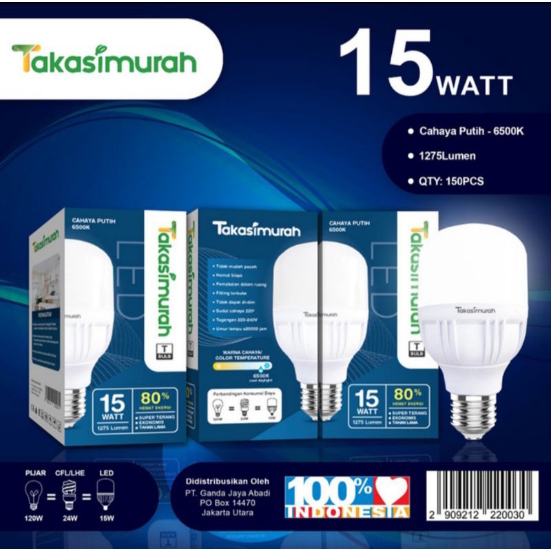 Takasimurah Lampu LED Bulb T 15Watt - Putih Murah Terang