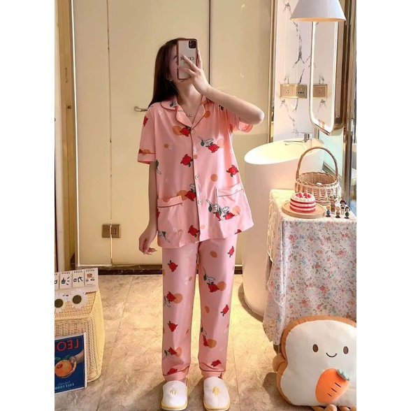 Piyama cp kancing jumbo import/baju tidur cp wanita import murah C08T