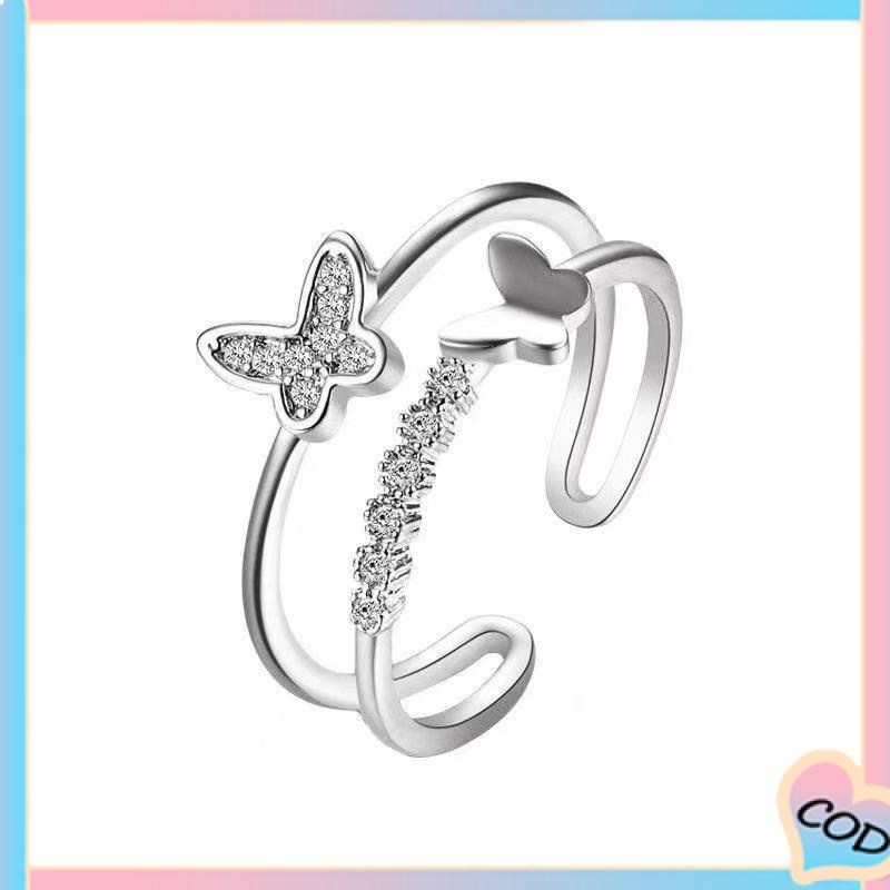 COD❤️ Cincin terbuka wanita kupu-kupu ganda flash berlian ekor cincin sederhana-A.one