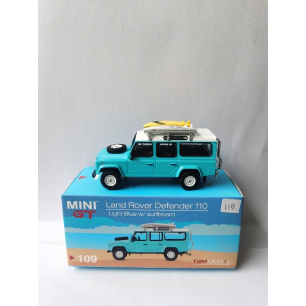 MINI GT LAND ROVER DEFENDER 110 Light Blue Surfboard 109 Diecast Offroad
