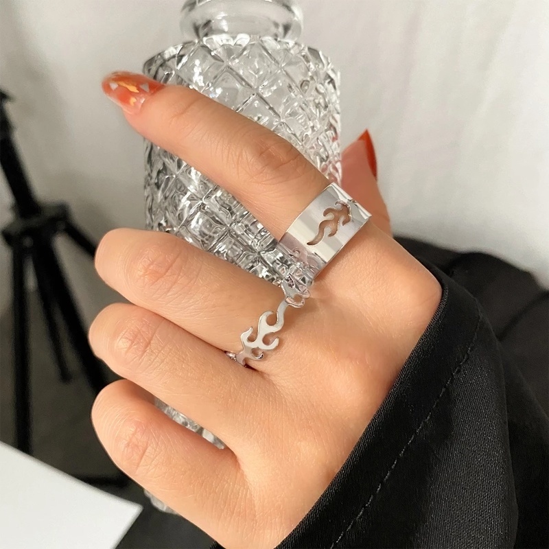 [2 Pcs Set Korean Fashion Retro Flame Open Rings For Women] [ Elegant Ladies Smooth Fine Thin Finger Ring] [Lovely Jewelry Gifts For Girl Friends]