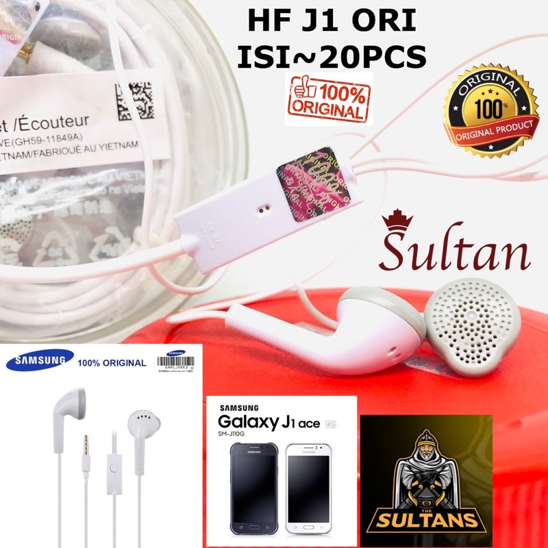 1TOPLES ISI 20PCS HANDSFREE SAMSUNG GALAXY J1 ACE PUTIH ORIGINAL SUARA GEDE JAMINAN KUALITAS BAGUS