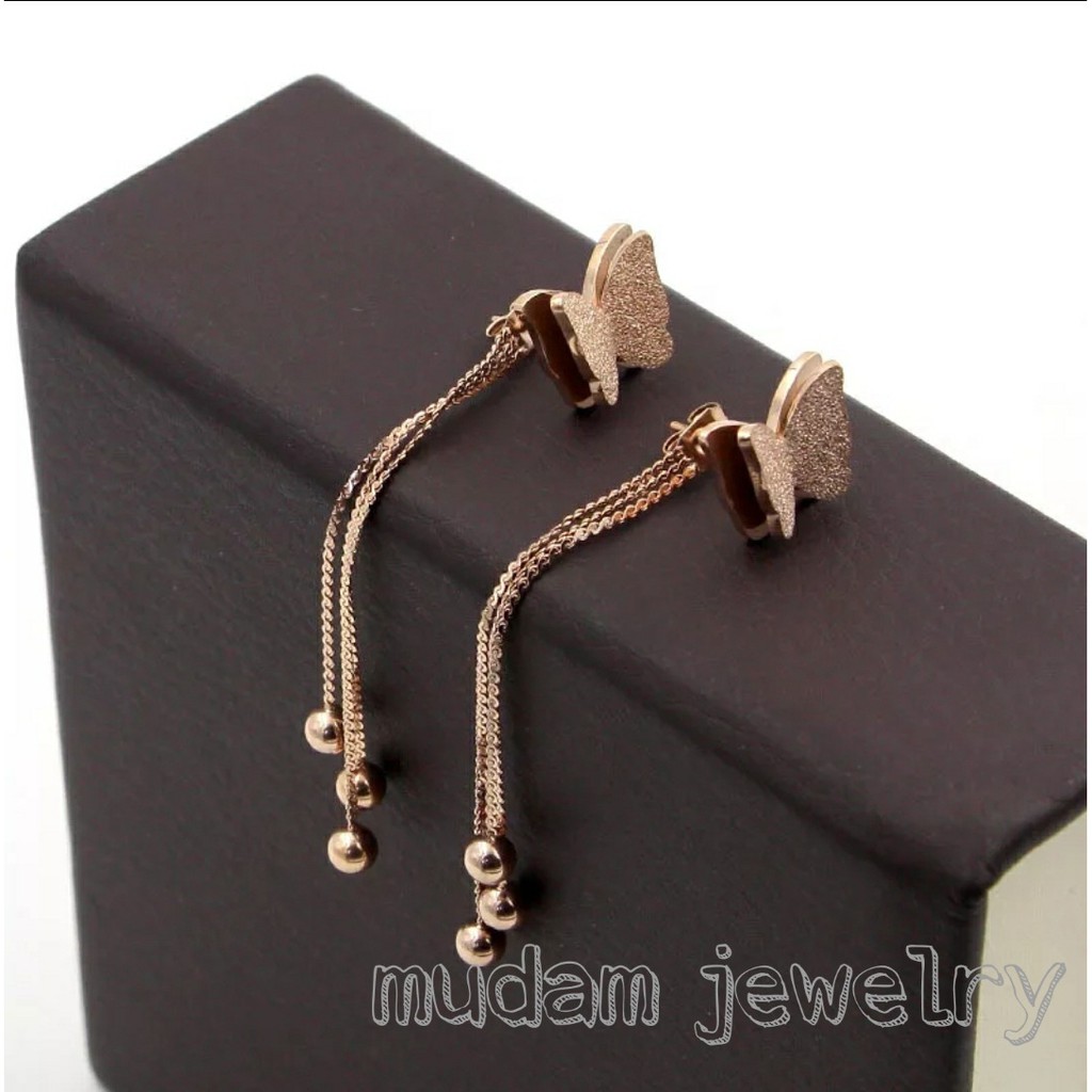 Anting Tusuk Titanium Kupu - Kupu Dengan Panjang Rumbai 6,5 cm