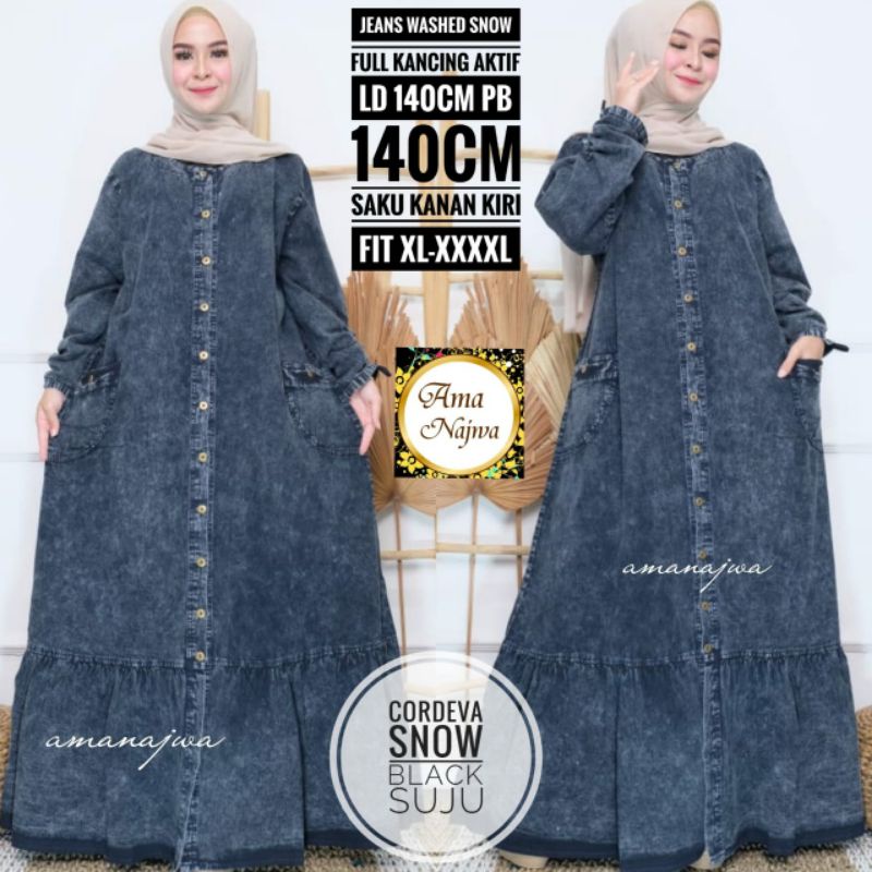 Cordeva Dress Hitam Jeans tebal Super Jumbo Gamis Suju Ld 140 XXXXL Maxy Snow black Busui By AMJ