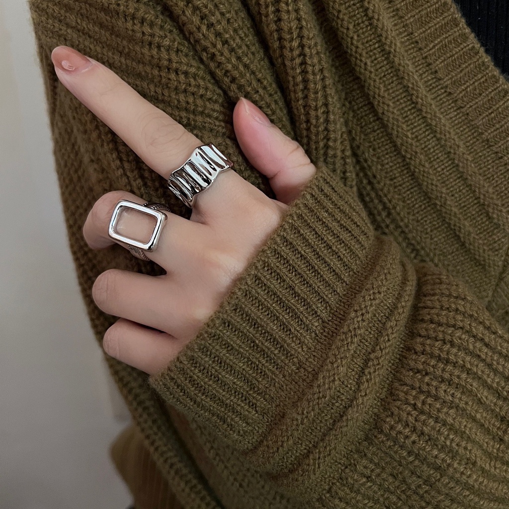 Cincin S925 Silver Model Terbuka Bentuk Kotak Geometris Rongga Tidak Teratur Gaya Retro Hip Hop Punk Untuk Wanita