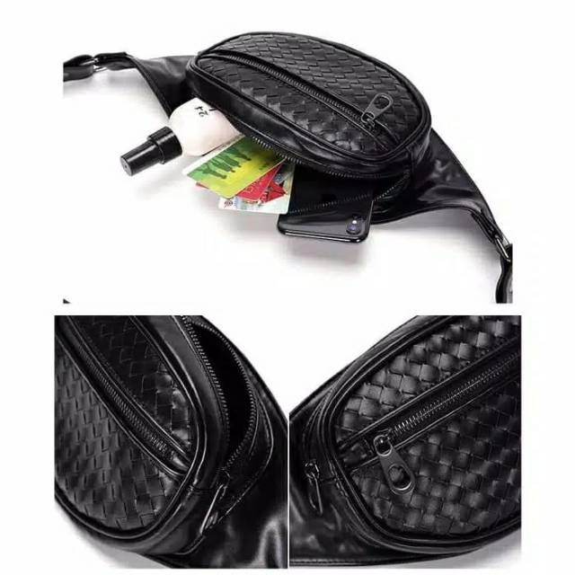 Tas Selempang Hitam Kulit Anyam Bahu Pria Mini Waistbag