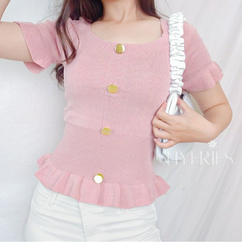 HYERIES Luna Top Atasan Casual Wanita Korea Kriwil Knit Top Square Neck Rajut Lengan Pendek