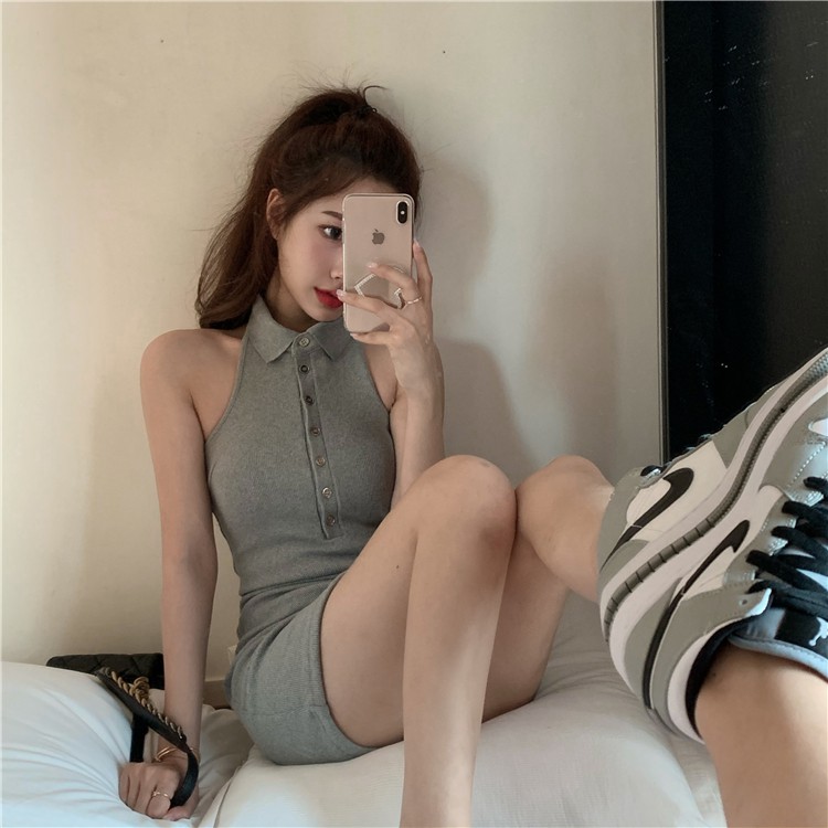 Gaya Korea Gaun Halter Rajutan Hip Rok Wanita Seksi Pinggang Pemangkasan Rok